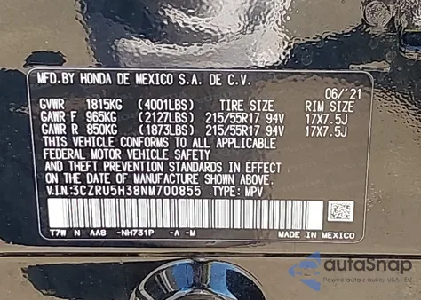 2022 Honda Hr-V 2Wd Lx z USA, uszkodzony, nr VIN 3CZRU5H38NM700855